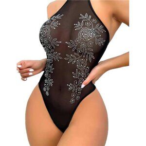 Women Teddy Lingerie Sexy Mesh Bodysuit Black2